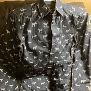 Mens H&M size XS blue with white (tailless) zebras,  Fit button up shirt.